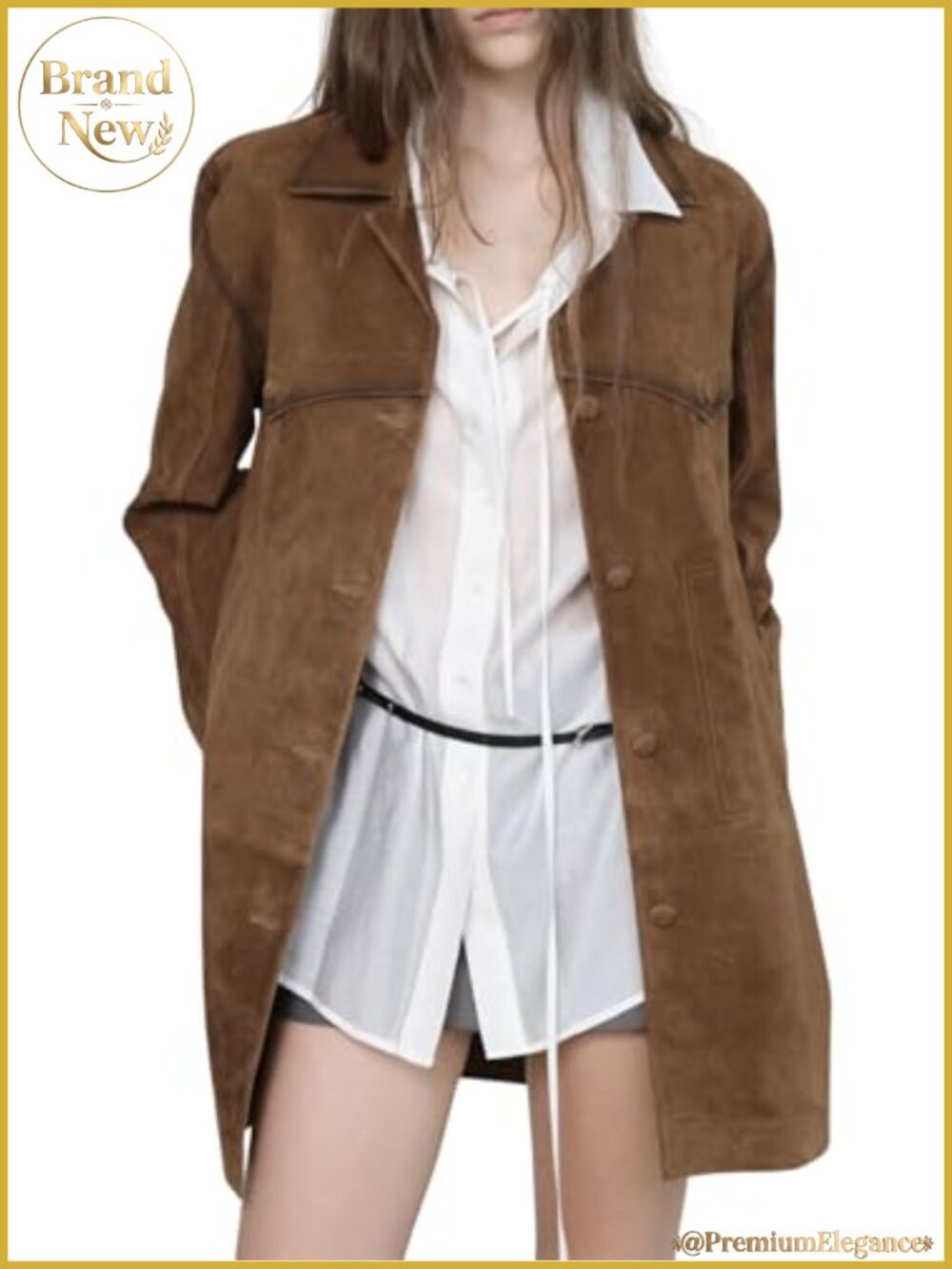 Faux Suede Leather Shacket Mid Long Button Down Jacket Coat